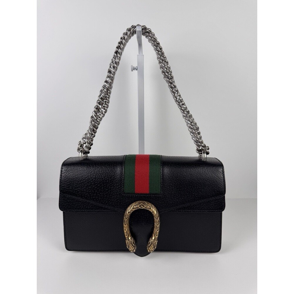 Gucci Dionysus black leather handbag gold buckle floral interior authenticated